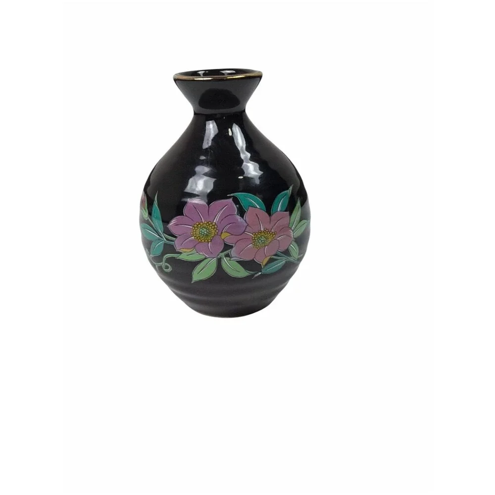 Vintage Black Floral Bud Vase Japan Hand Painted Pink Flowers Gold Trim Ceramic